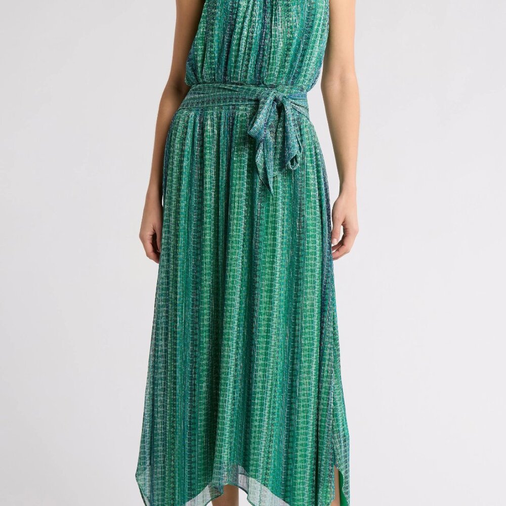 NWT Womens RAMY BROOK Luca Strapless Pleated Metallic Midi Dress